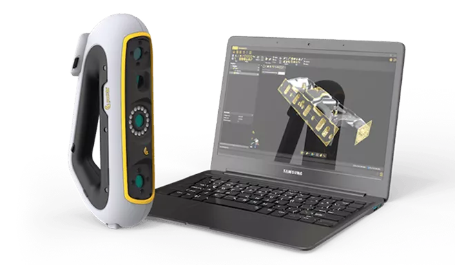 Сканер Peel 3.CAD вместе с результатом сканирования на экране ноутбука
